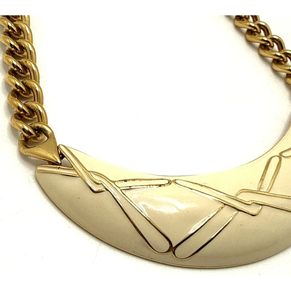 Vintage Monet Collar Necklace Gold Tone Cream Enamel Modernist Choker 16
